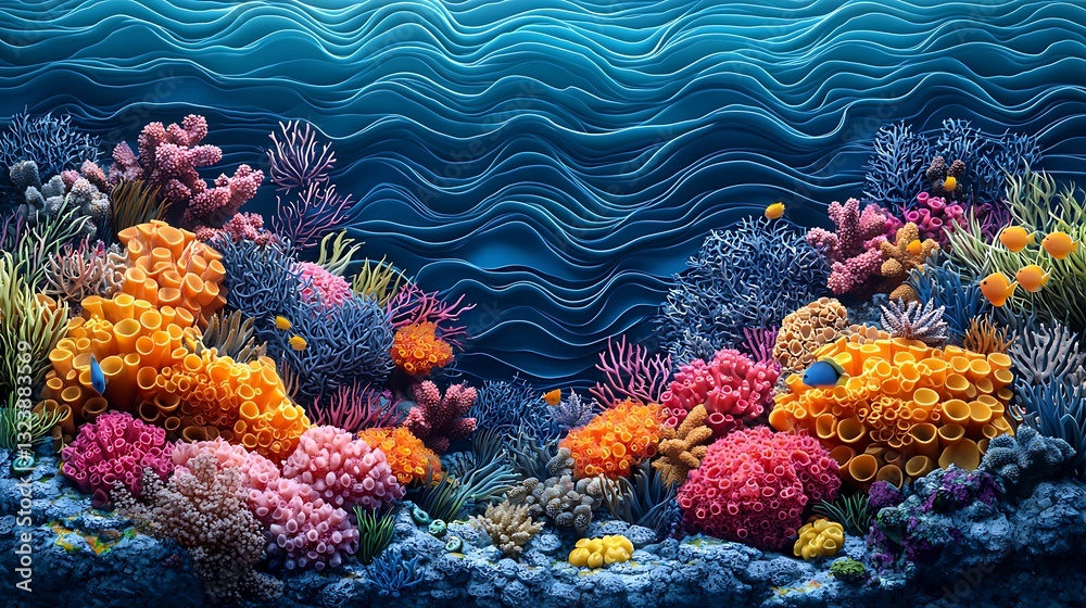 Naklejka premium Vibrant Underwater Coral Reef Scene with Colorful Fish and Ocean Waves Background