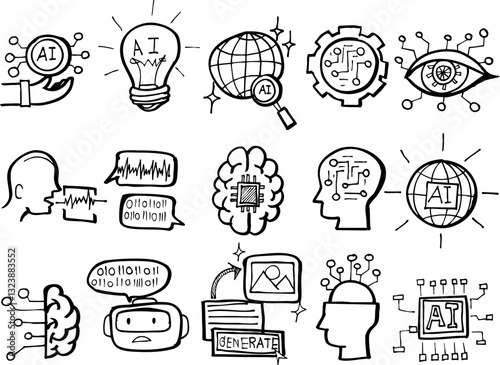 Generative artificial intelligence related icon set vector isolated. Doodle illustration