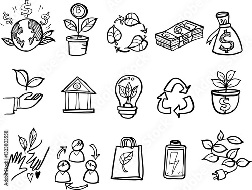 ESG environmental social governance doodle set,Hand drawn in vector design.