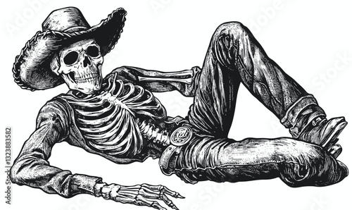 Skeleton cowboy relaxing in hat, boots, and jeans - vector, linear icons set.