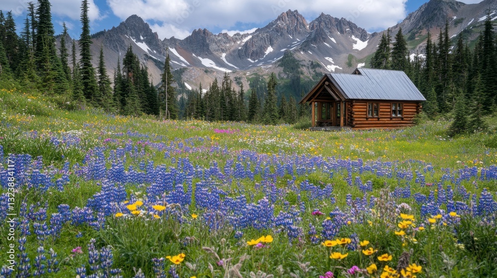 Fototapeta premium Serene Cabin Among Vibrant Wildflowers and Majestic Mountains