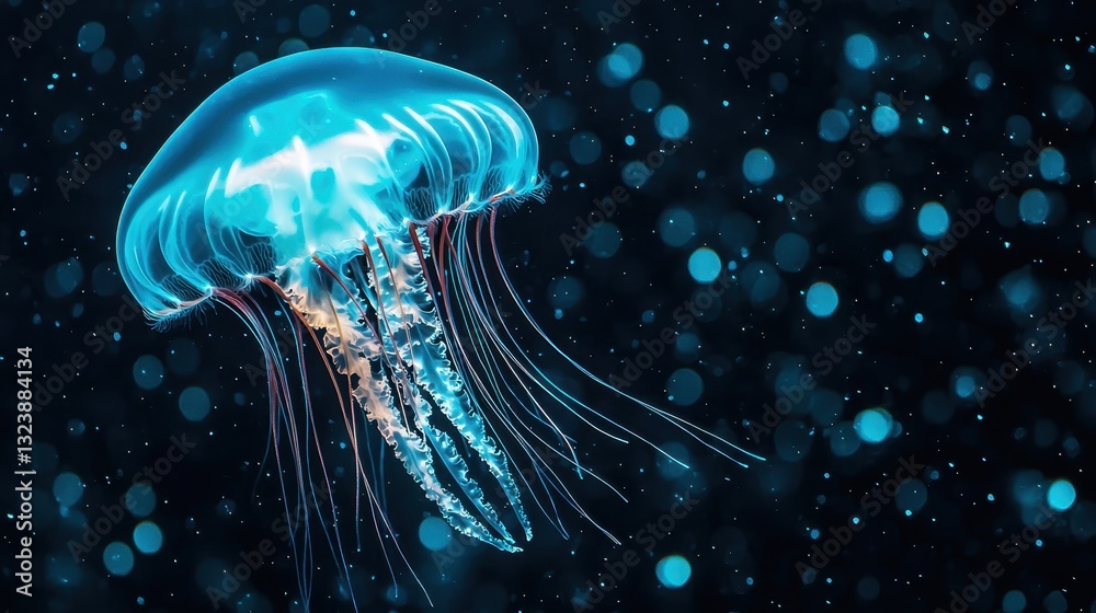 Fototapeta premium Glowing jellyfish in deep ocean with bokeh lights. Concept of marine life, underwater world, and bioluminescence.