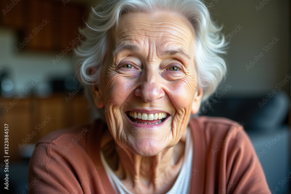 A cheerful senior with white hair and bright eyes smiling warmly in a cozy home A cheerful senior with white hair and bright eyes smiling warmly in a cozy home