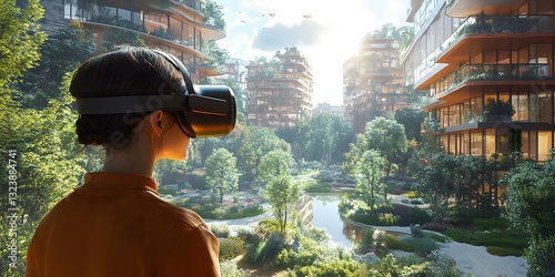 a person wearing vr glasses looking at a city landscape with lush vegetation and buildings.