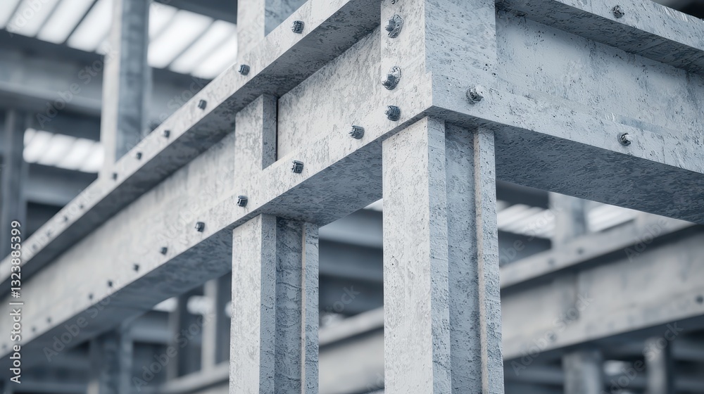 Steel framework of a building under construction. Metal beams connected with bolts. Concept of construction, architecture, and engineering. Steel framework of a building under construction. Metal beams connected with bolts. Concept of construction, architecture, and engineering.