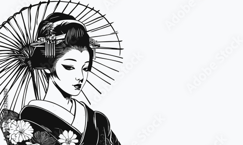 Traditional japanese geisha with umbrella, flowers, and kimono - vector, linear icons set.