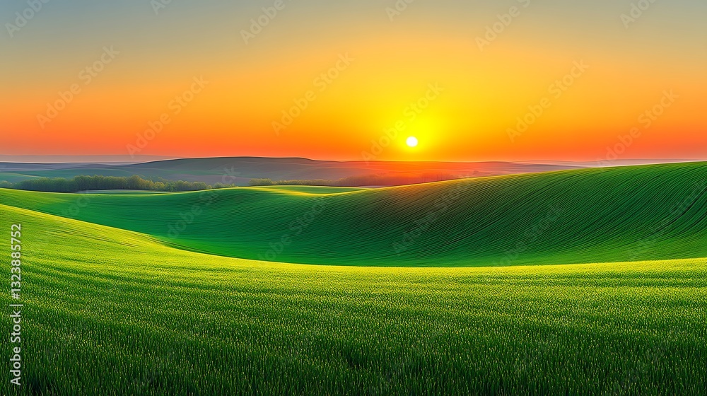 Obraz premium Sunset Over Rolling Green Fields Landscape