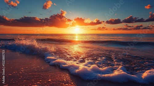The Embrace of the Sun and the Ocean. Beautiful sunrise scenery over the sea with reflection on the surface