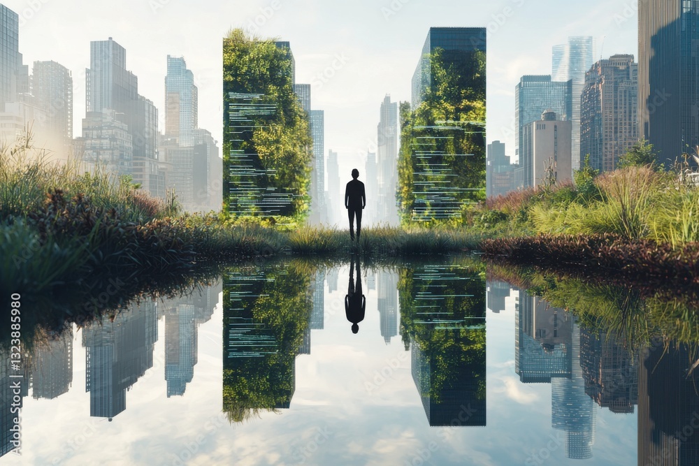 Obraz premium A futuristic cityscape with eco-friendly skyscrapers covered in lush greenery, a calm pond reflecting the urban landscape, and a person contemplating the blend of nature and technology.