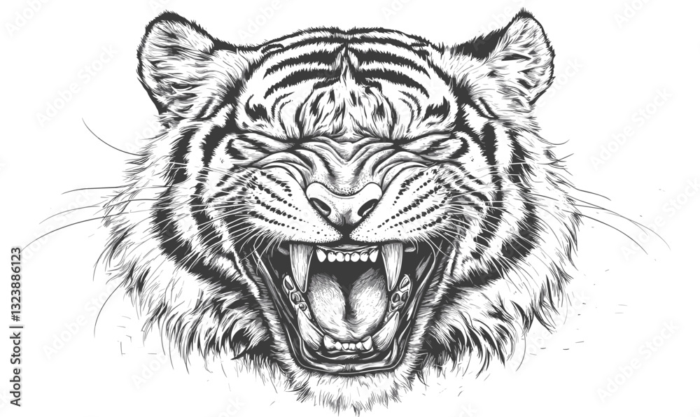 Fototapeta premium Roaring tiger head in black and white, animal vector art, linear icons set.