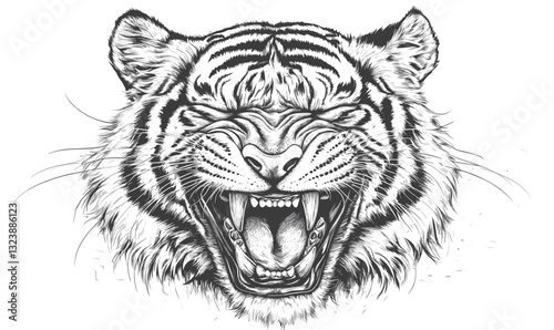 Roaring tiger head in black and white, animal vector art, linear icons set.