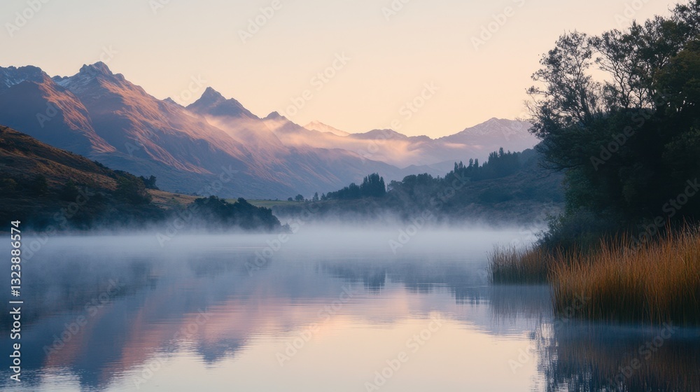 Fototapeta premium Tranquil Misty Lake at Dawn Surrounded by Majestic Mountains
