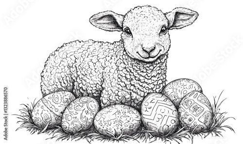 Easter lamb with decorative eggs in grass, linear icons set, vector.
