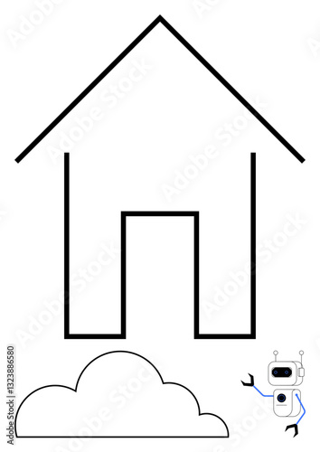 Minimalistic house outline above cloud and robot assistant, visualizing smart technology, automation, and connectivity. Ideal for innovation, future living, IoT, AI, technology smart homes flat
