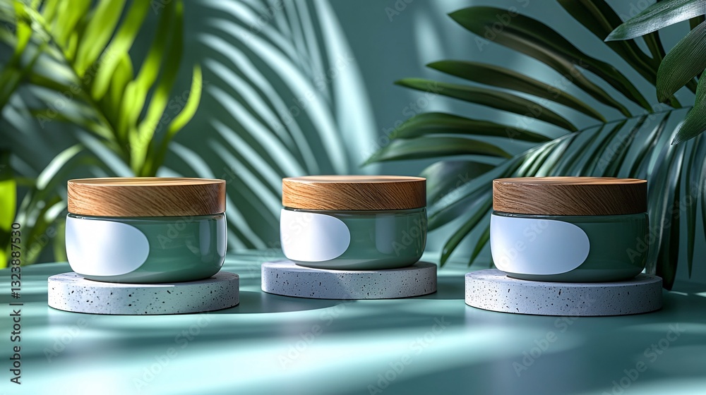 Serene Botanical Display Featuring Cosmetic Jars on Stone Pedestals Under Shadowy Palm Leaves Serene Botanical Display Featuring Cosmetic Jars on Stone Pedestals Under Shadowy Palm Leaves