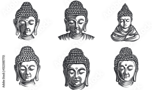 Buddha head icons set - six styles in linear vector art.
