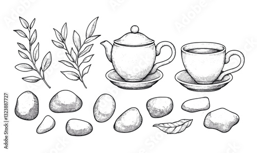Tea set with teapot, cup, leaves, and stones - linear icons set, vector.