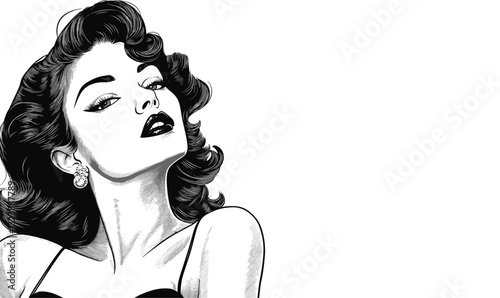 Elegant retro woman portrait with black hair, illustration in linear style, icons set vector.