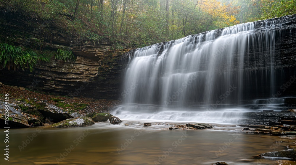 Fototapeta premium Serene Waterfall Cascading Over Rock Formations in Lush Forest