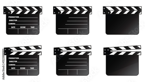 Clapper board vector icon set. Opened and closed movie clapper film clap board. Movie, cinema, film symbol concept. Director clapboard. Vector illustration.