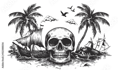 Skull and pirate ship vector: flat nautical adventure icons set.