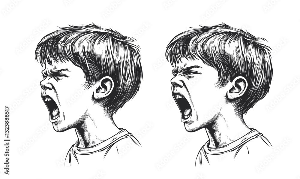 Angry child faces screaming side view linear icons set, vector, flat style. Angry child faces screaming side view linear icons set, vector, flat style.