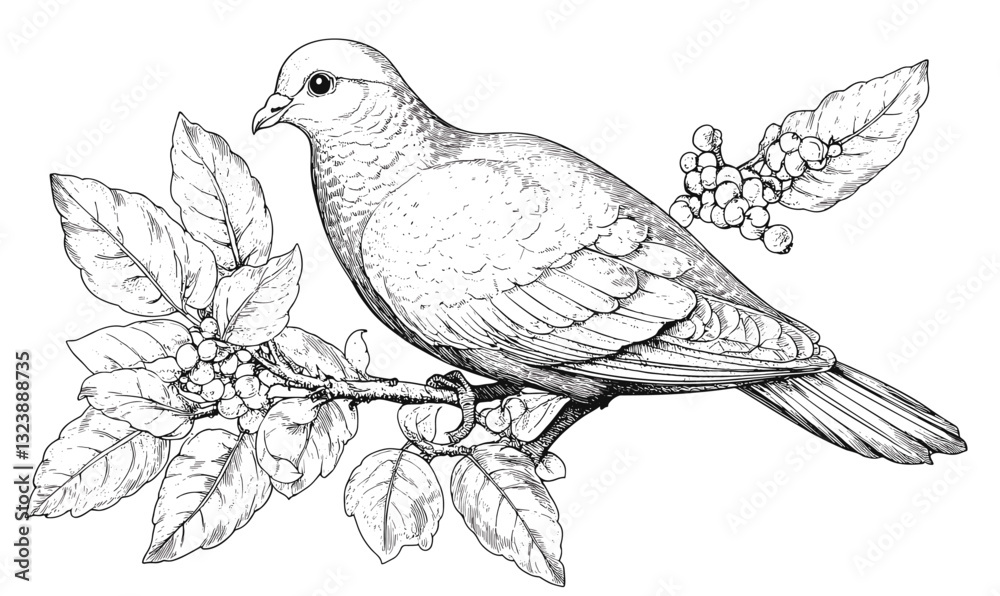 Fototapeta premium Mourning dove and leaves on branch in detailed line art, linear icons set, vector.