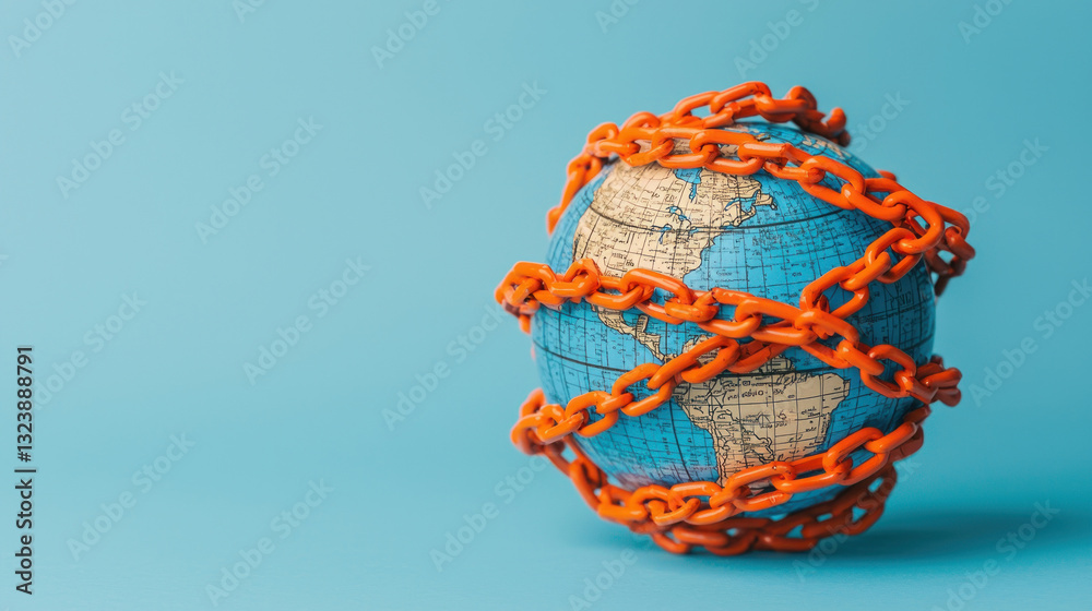 Naklejka premium A globe wrapped in chains symbolizing restrictions and global challenges.