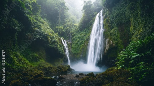 Serene Waterfall Cascading Through Lush Green Jungle Landscape