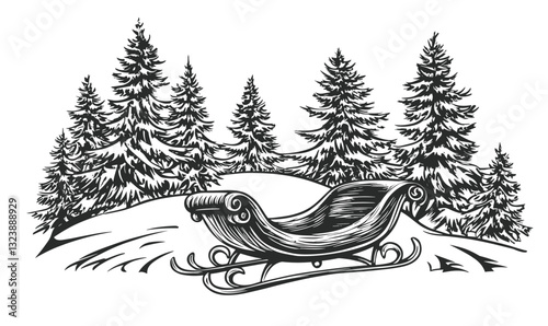 Winter sleigh in snowy forest scene, black and white vector, linear icons set.