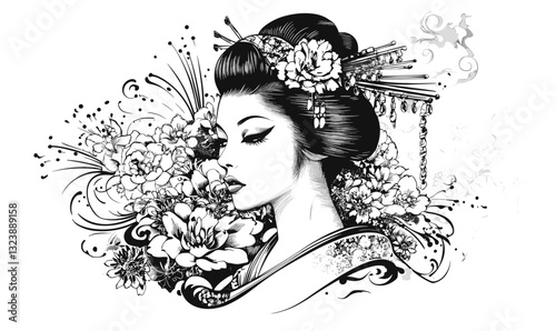 Elegant geisha with flowers, traditional japanese art, decorative patterns, flat icons set, linear vector.