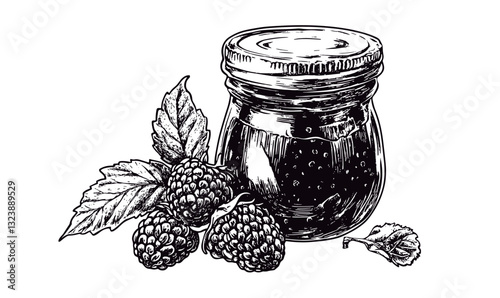 Raspberry jam jar and berries with leaves, hand-drawn vector, linear icons set.
