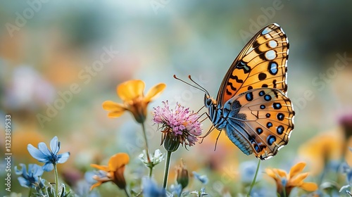 Vibrant Butterfly on Blooming Flowers in a Lush Garden Close Up Nature Photography