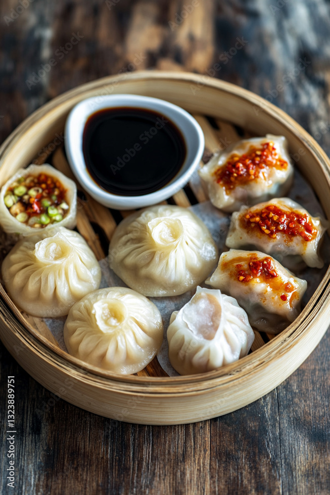 Assortment of dim sum in bamboo basket, served with soy sauce and chili Assortment of dim sum in bamboo basket, served with soy sauce and chili