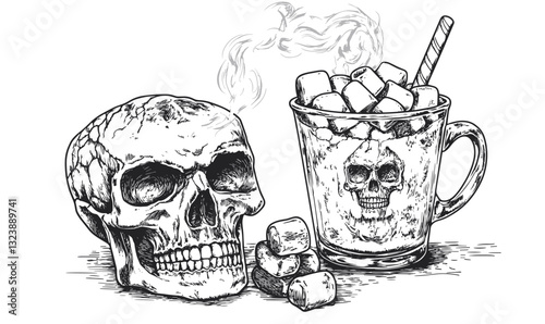 Spooky skulls with steaming hot drink and marshmallows in mug - linear icons set - vector.