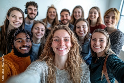 A fun scene of a diverse group of colleagues taking a humorous selfie during a virtual meeting, with genuine smiles and a softly blurred office backdrop