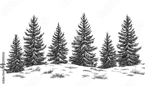 Evergreen trees and snow-covered landscape in black and white vector, flat icons set.