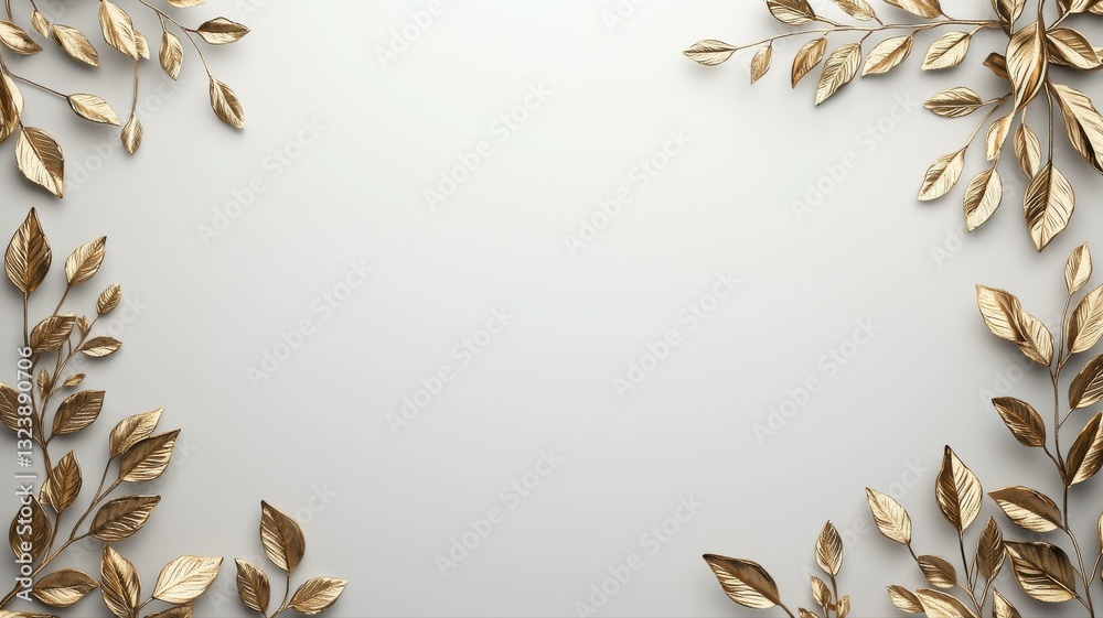 Elegant golden leaves frame on a minimalist white background, perfect for invitations and decorative designs. Elegant golden leaves frame on a minimalist white background, perfect for invitations and decorative designs.