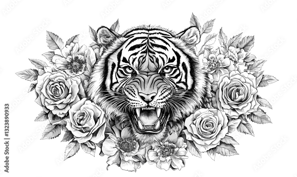 Fototapeta premium Fierce tiger with floral arrangement in linear style icons set, vector.