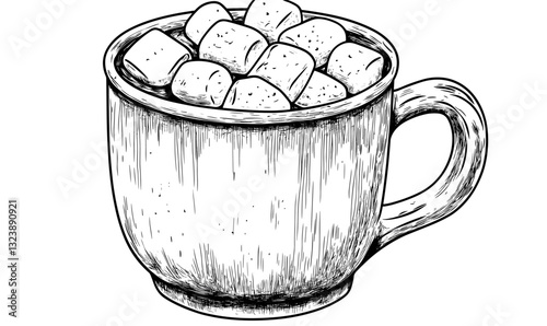 Hot cocoa with marshmallows in mug - linear icons set, vector.