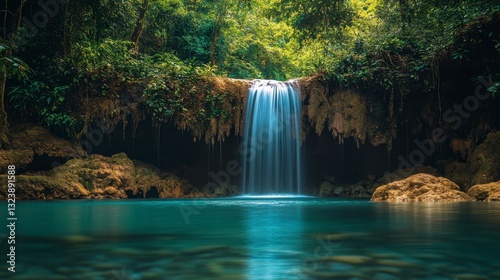 Serene Waterfall Cascading into Tranquil Turquoise Pool in Jungle