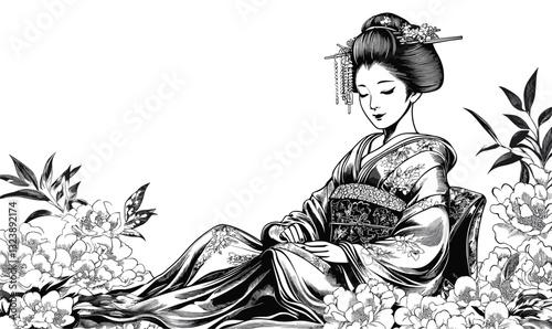 Traditional japanese geisha in floral kimono, flat style icons set, vector.