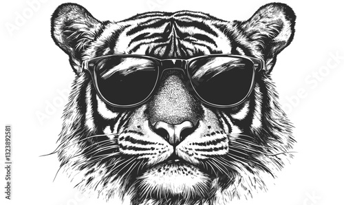 Cool tiger with sunglasses illustration - flat vector icons set.
