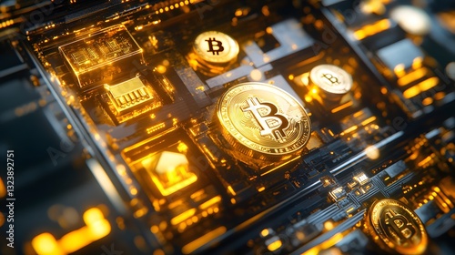 Golden digital tokens floating within a high-tech vault, surrounded by holographic icons of real-world assets like houses, art, and stocks