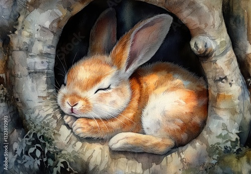 Watercolor Illustration of a Cute Fluffy Rabbit Sleeping in a Hollow Tree in a Dreamy Atmosphere