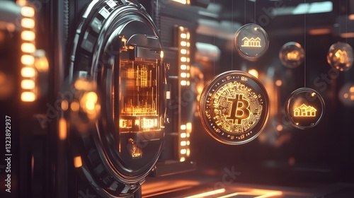 Golden digital tokens floating within a high-tech vault, surrounded by holographic icons of real-world assets like houses, art, and stocks