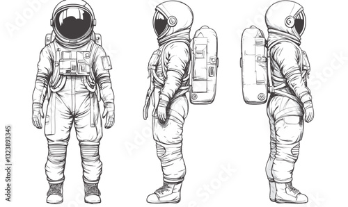 Detailed spacesuit design in various poses, linear icons set vector.