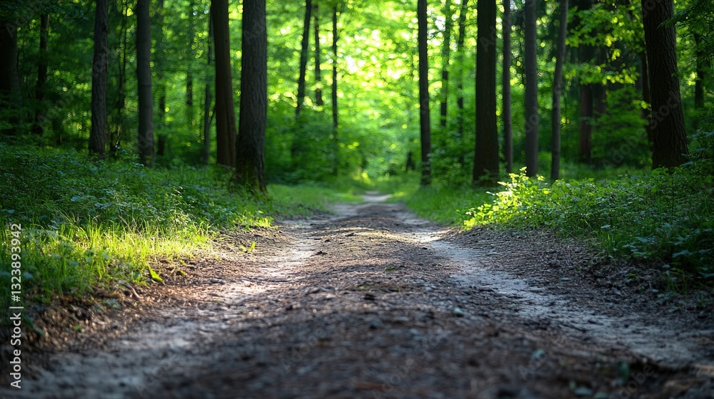 Fototapeta premium Two diverging forest paths: one overgrown, the other well-kept, symbolizing choices between tradition and progress. 