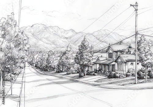 Houses Along a Main Road with Mountains and Trees in a Suburban Landscape
