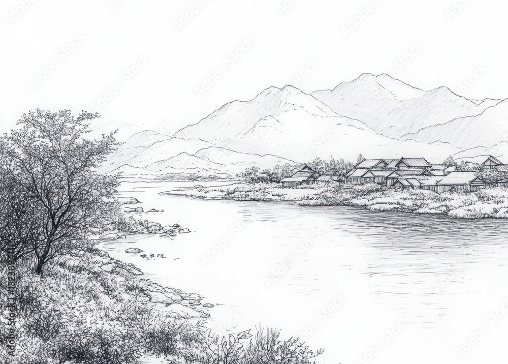 Riverside Landscape Sketch Black and White Monochrome Drawing of Stream Houses Mountains Nature Countryside Riverside Landscape Sketch Black and White Monochrome Drawing of Stream Houses Mountains Nature Countryside
